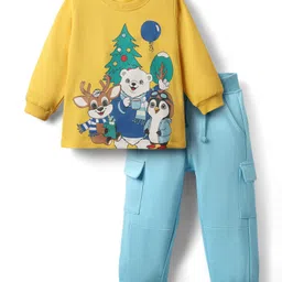 Babyhug Single Jersey Knit Full Sleeves T-Shirt & Lounge Pant Set With Animal Print - Yellow & Light Blue-picture-26