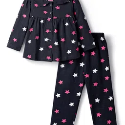 Babyhug Cotton Knit Full Sleeves Co-ords Night Suit With Star Print - Violet image 1