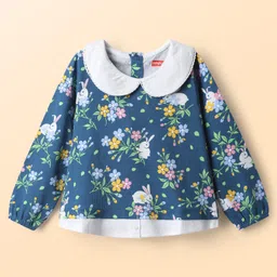 Babyhug 100% Cotton Knit Full Sleeves Peter Pan Collared Top with Floral Print - Navy Blue-picture-28