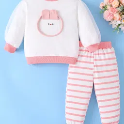 Mark & Mia Full Sleeves Winter Wear T-Shirt & Joggers Set with Stripes & Animal Applique - White & Pink-picture-26
