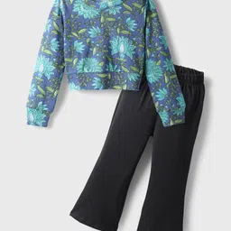 CrayonFlakes Cotton Knit Full Sleeves Floral Printed Crop Top With Flared Pant Set - Blue-picture-17