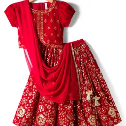 Babyhug Velvet Woven Half Puffed Sleeves Choli Lehenga & Dupatta Set with Floral Embroidery & Embellishments - Red-image-41