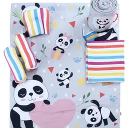 Babyhug 100% Cotton Crib Bedding Set Panda Print Regular - Grey (Cot not Included)| Quilt,Cot Bumper,U Shape Pillow, Crib Sheet, 2 Bolsters| Compact Fold & Storage| Soft & Breathable| Washable image 2