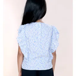 Kiddopanti Rayon Woven Frill Sleeves Floral Printed Top - Blue image 3