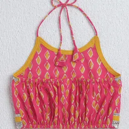 The Magic Wand Cotton Woven Sleeveless Floral Printed & Gota Lace Embellished Halter Neck Lehenga Choli With Dupatta Set - Pink image 3