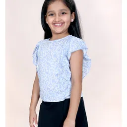 Kiddopanti Rayon Woven Frill Sleeves Floral Printed Top - Blue image 4