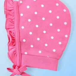 Babyhug 100% Cotton Interlock Knit Cap With Polka Dots & Floral Print Pack of 2 - Pink & White image 4