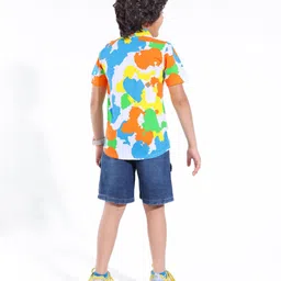 OLLINGTON ST. 100% Cotton Knit HalfSleeves Shirt & Denim Shorts Set All Over Printed - White & Indigo image 4