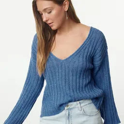 Trendyol Women V-Neck Ribbed Long Sleeves Pullover-image-6