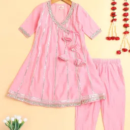 The Magic Wand Girls Floral Printed Angrakha Gotta Patti Work A-Line Kurta With Salwar-picture-27