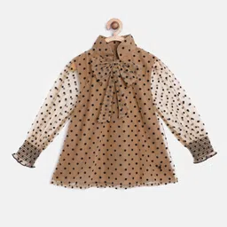 Cherry Crumble Girls Brown & Black Puff Sleeve Net Polka Dot Pattern A-Line Top-picture-48