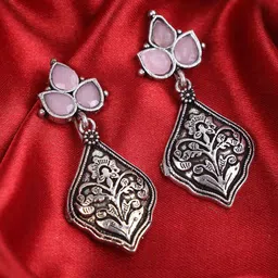 PUJVI Silver-Plated Artificial Stones Studded Contemporary Shaped Oxidised Drop Earrings image 1