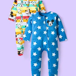Babyhug Disney Interlock Knit Full Sleeves Footed Sleep Suits With Mickey Mouse Graphics Pack of 2 - Yellow & Blue-picture-27