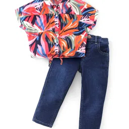 Babyhug Rayon Woven Half Sleeves Tropical Printed Top & Denim Jeans Set - Multicolor-image-86