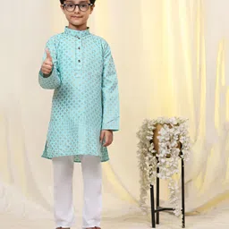 P-MARK Cotton Full Sleeves Ethnic Motif Printed Kurta Pyjama Set - Firozi-picture-15