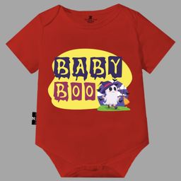 The Peppy Tend Halloween Theme 100% Cotton Half Sleeves Baby Boo Text Printed Onesie - Red-picture-9