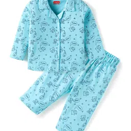 Babyhug Cotton Knit Full Sleeves Front Open Night Suit With Moo Print - Blue-picture-15