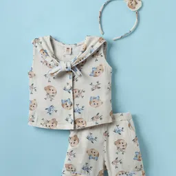 ToffyHouse Cotton Woven Sleeveless Sailor Neck Top & Shorts Co-Ord Set With Teddy Bear Print & Headband - White-picture-18