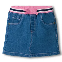Babyhug Denim Mid Thigh Ribbed Waist Washed Skirt With Bow Applique - Blue-picture-12