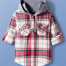 Pine Kids Cotton Woven Full Sleeves Brushed Hooded Shirt With Checks - Red-picture-16