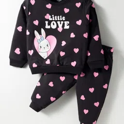 CUCUMBER Terry Knit Full Sleeves Top & Joggers Set with Heart & Animal Print - Black-picture-36