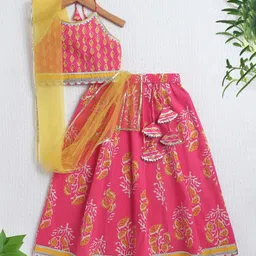 The Magic Wand Cotton Woven Sleeveless Floral Printed & Gota Lace Embellished Halter Neck Lehenga Choli With Dupatta Set - Pink-picture-11