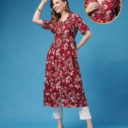 Zelena Rayon Woven Half Sleeves Floral Printed Maternity Dress With Front Open Nursing Access - Dark Maroon-picture-21