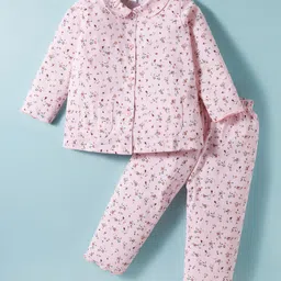 Teddy Sinker Knit Full Sleeves Co-ords Night Suit With Floral Print - Pink-picture-18