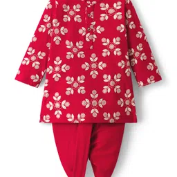 EARTHY TOUCH Single Jersey Knit Full Sleeves Kurta Dhoti Set With Floral Embroidery - Red-picture-12