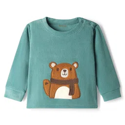 Kanvin Fleece Knit Full Sleeves Antipilling Winter Night Suit with Bear Patch Embroidery - Turquoise image 2