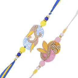Aapno Rajasthan Set Of 2 Stone Studded & Beaded Thread Rakhi With Roli and Chawal image 4