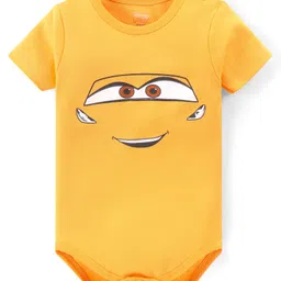 Babyhug Disney Interlock Knit Half Sleeve Onesies with Car Graphics Pack of 3- Red Yellow & Brown image 4