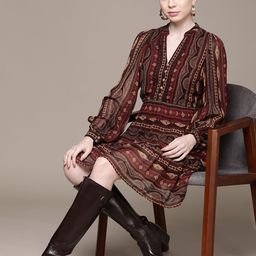 Label Ritu Kumar Ethnic Motifs Print Mandarin Collar Georgette A-Line Dress-picture-34