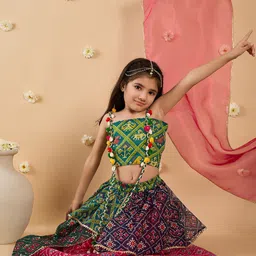 pspeaches Girls Bandhani Printed Round Neck Lehenga With Blouse And Dupatta image 5