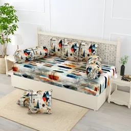 EverHOME 8Pcs White & Brown Printed Cotton Diwan Set-image-11
