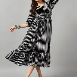 Krunal Raiyani Striped Gathered or Pleated V-Neck Tiered Fit and Flare Midi Dress-image-76