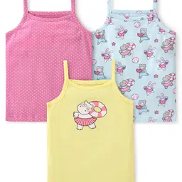 Babyhug 100% Cotton Knit Sleeveless Slips Polka Dot & Animal Print  Pack of 3 - Pink Yellow & Blue image 1