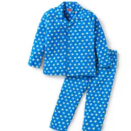 Babyhug Cotton Knit Full Sleeves Front Open Collared Night Suit Star Print - Blue-picture-13