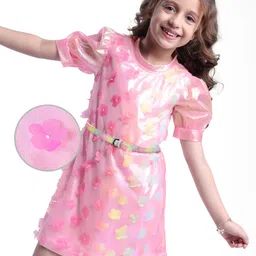 Hola Bonita Mesh Knit Half Puffed Sleeves Dress with Butterfly & Floral Applique - Pink-picture-37