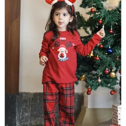 Nap Chief Pure Cotton Knit Full Sleeves Reindeer Printed & Checked Night Suit Set - Red-picture-34