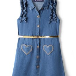 Pine Kids Cotton Woven Sleeveless Shirt Style Solid Dress with Frill Detailing Heart Patch & Belt - Blue-picture-44