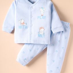 Zero Interlock Knit Full Sleeves Front Open Night Suit With Teddy Print - Light Blue-picture-18