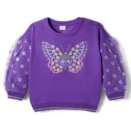 Babyhug Cotton Knit Full Sleeves Sweatshirt with Butterfly & Floral Embroidery - Purple-picture-16