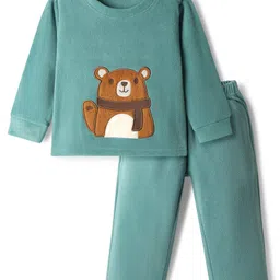 Kanvin Fleece Knit Full Sleeves Antipilling Winter Night Suit with Bear Patch Embroidery - Turquoise-picture-10