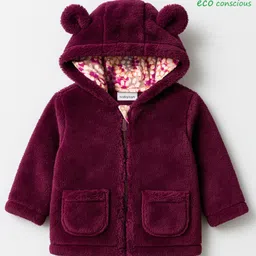 Babyoye 100% Cotton Knit Full Sleeves Solid Colored Hooded Fur Winter Jacket with Ear Applique - Wine-picture-19