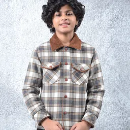 CRIMSOUNE CLUB Knit Full Sleeves Plaid Checked Light Winter Shacket - Brown-picture-25