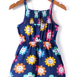 Babyhug Single Jersey Knit Singlet Sleeves Floral Printed Jumpsuit with Pockets - Navy Blue image 2