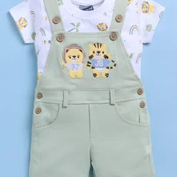 Jb Club Cotton Knit Lion & Tiger Embroidered Dungaree With Half Sleeves Tee Set - Green image 3