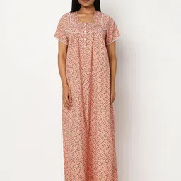 Juliet Women Ethnic Motifs Printed Square Neck Cotton Maxi Nightdress-image-89