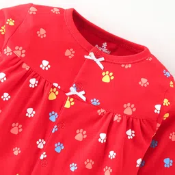 Child World Cotton Interlock Full Sleeves Paw Printed Footed Sleep Suit - Red image 3